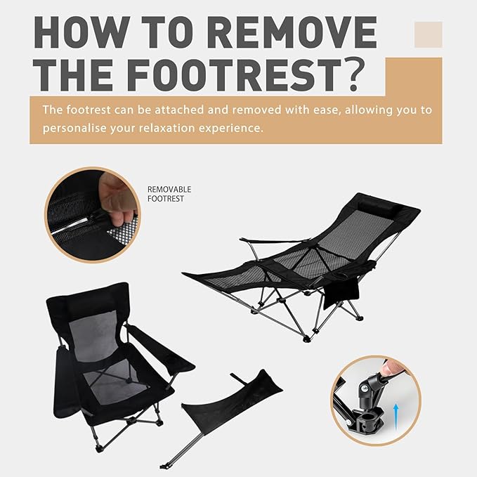 Reclining Camping Chair with Removable Footrest Adjustable Camping Lounge Beach Chair with Padded Headrest Cup Holder &amp Carry Bag Camp Chair with Foot Rest Lawn Chair for Outdoor Patio Black M