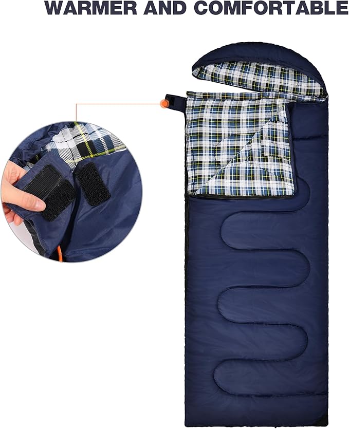 REDCAMP Flannel Sleeping Bag for Adults Comfortable Cotton Sleeping Bags for Camping with Detachable Hood Red/Grey/Blue/Black