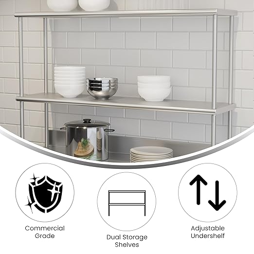 Flash Furniture Reese Commercial Metal Double Kitchen Overshelf Two-Tier Adjustable Shelf 430 Stainless Steel 18 Gauge NSF Certified 48 x 12