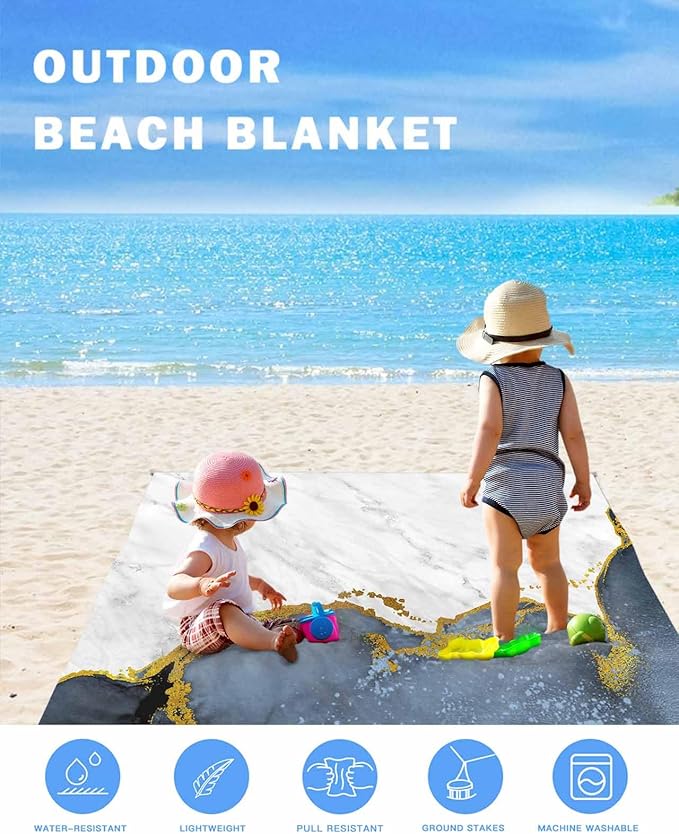 Beach Blanket Waterproof Sandproof Oversized Blue Marble Gold Foil Beach Mat with Corner Stakes Sand Pockets Grey Gradient Outdoor Picnic Mat for Travel Camping Hiking 83x79In