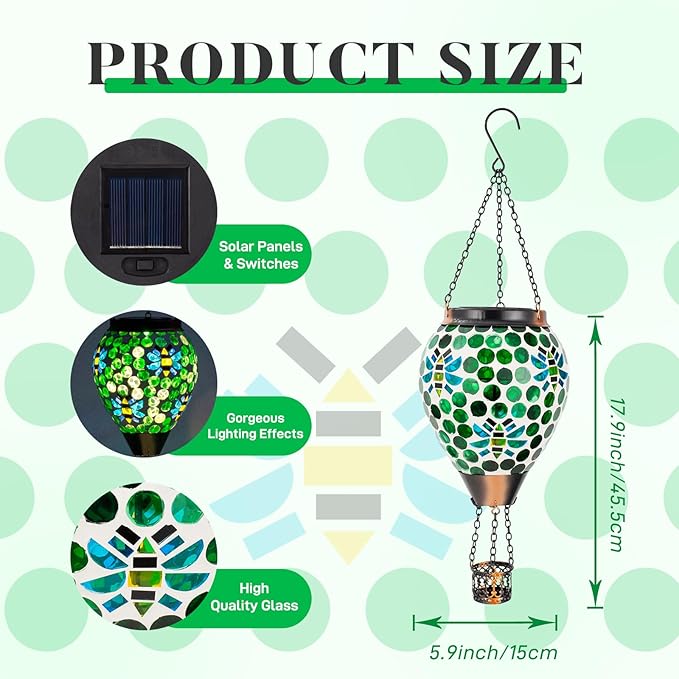 Bee Solar Hot Air Balloon Lantern Outdoor Waterproof Green Mosaic Glass Hanging Solar Lantern Lights Outdoor Hanging Lights for Patio Yard Garden Gift for Mom Grandma Women