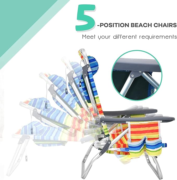 Goplus Beach Chair Folding Backpack Beach Chairs for Adults with 5 Positions Head Pillow Cooler Bag Towel Bar Cup Holders Sunbath Sling Tanning Lounge Foldable Layout Camping Chairs