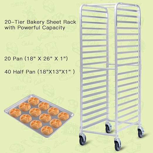 Giantex 20-Tier Kitchen Bun Pan Sheet Rack Aluminum Bakery Rack Home Commercial Kitchen Bakery Cooling Racks w/Wheels 2 Lockable &amp Open Shelf