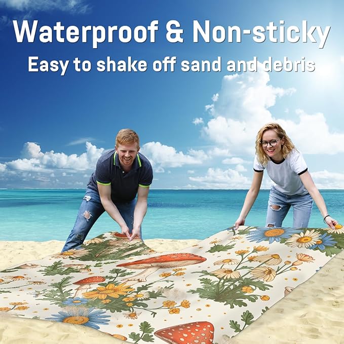 Waterproof Sandproof Beach Blanket 59''×68'' Mushrooms Polyester Outdoor Picnic Blanket with 4 Stakes &amp Storage Bag for BeachCampingVacation Wildflowers