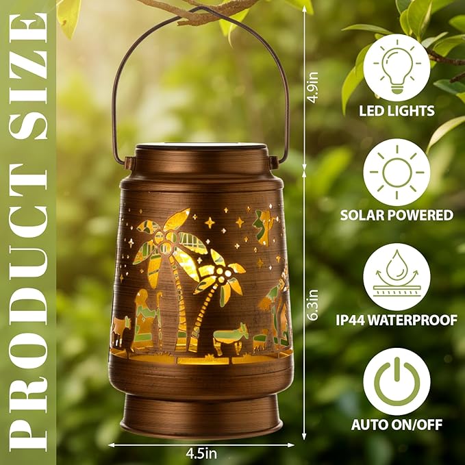 Christmas Solar Lanterns Outdoor Nativity Scene Waterproof Hanging Solar Lights Christmas Outdoor Decorations Gifts Men Women Metal Decorative LED Lantern for Yard Patio Lawn Pathway