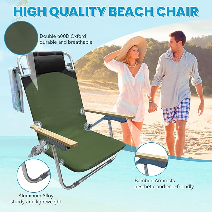 2 Pack Low Backpack Beach Chair with Folding Bamboo Table for Adults 5-Position Lay Flat Reclining Chair Lightweight with Cooler Bag Supports 265 lbs