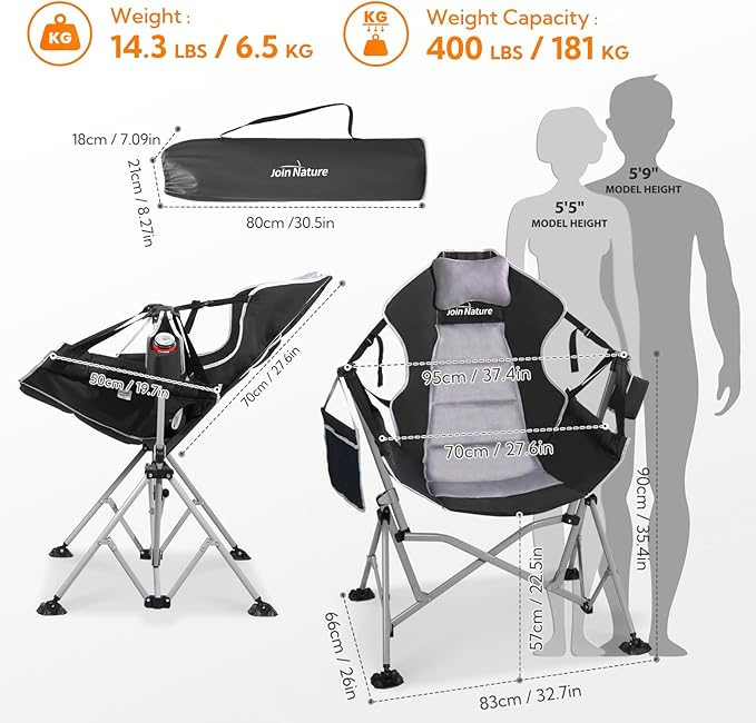 Oversized Hammock Camping Chairs Folding Swing Chair with 1-Step Design Swinging Hammock Chair with Adjustable Backrest Lumbar Support &amp Headrest for Outdoor&ampIndoor Support 400LBS Black