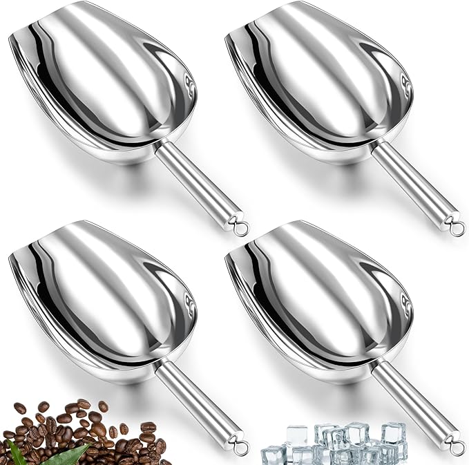 4 Pcs 24 Ounce Metal Ice Scoop Large Scoop for Freezer Rust-proof Utility Ice Cube Scoops with Hanging Loop for Coffee Bean Popcorn Flour Dog Food Candy Potted Plants Dishwasher Safe