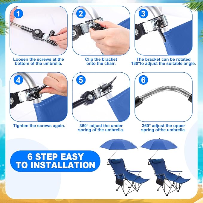 2 Set Reclining Camping Chair with Umbrella for Adult Folding Camping Chair with Foot Rest Adjustable Clamp Canopy Shade SPF 50+ Lounger for Outdoor Spring Summer Travel(BlueOxford)