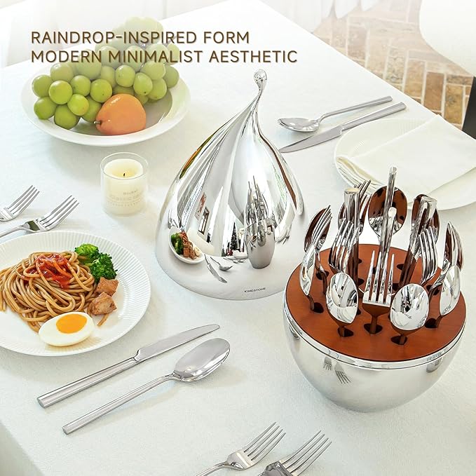 KINGSTONE Silverware Set with Waterdrop Storage Organizer 20-Piece Forged Flatware Cutlery Set in Gift Box Premium Stainless Stee Service for 4 Mirror Polished Ideal for Kitchen Wedding Gift