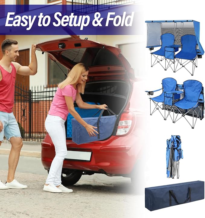 ptlsy Double Camping Chair with Canopy Folding Two-Person Seat Portable Outdoor Loveseat with Shade Folding Chairs for Beach Lawn and Outdoor Activities (Blue)