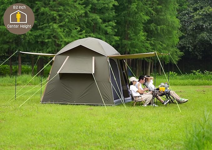 Three Bears 6-Person Tent 3000mm Waterproof Double-Layer Tent with Room Dividers Family Tent with Color-Coded Connection Buckles Front and Rear Vestibules Can Be Set Up as Sunshade Canopies