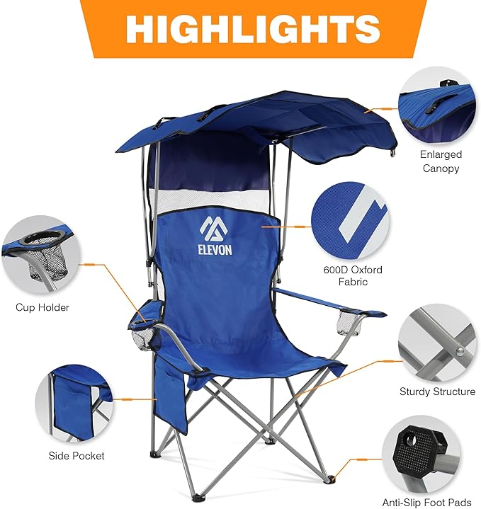 Elevon Camping Chair Oversized Folding Chair with Canopy Portable Outdoor Chair with Arms Cup Holder and Carry Bag for Camping Fishing Beach and Sports Sky Blue