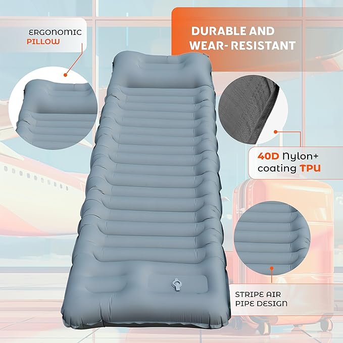 Skywin Inflatable Sleeping Pads for Camping &amp Airport Travels 77 x 26 x 5 Inches Air Mattress Sleeping Bag Inflatable with 8 HeadRest Along with Pillow-Like HeadRest Camping Essentials (Grey)