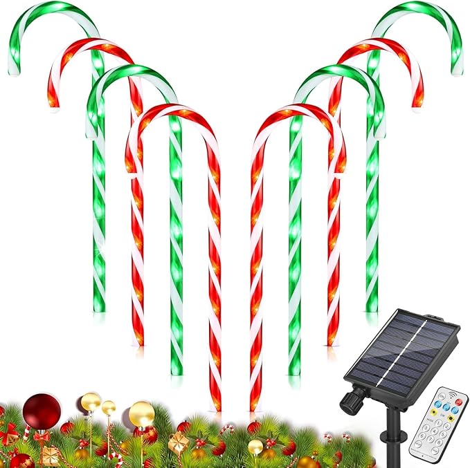 ZHAHA Solar Christmas Pathway Lights Outdoor Decorations Solar Candy Cane Lights for Yard Patio Garden Walkway with 8 Light Mode Remote Timer 48 LED Upgraded Christmas Outdoor Decorations 8 Pack