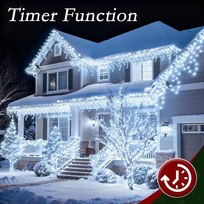 32ft Christmas Icicle Lights 396 LED Outdoor/Indoor Cool White Curtain Lights with 8Modes Plug in Waterproof String Lights for Holiday Wedding Garden Decorations