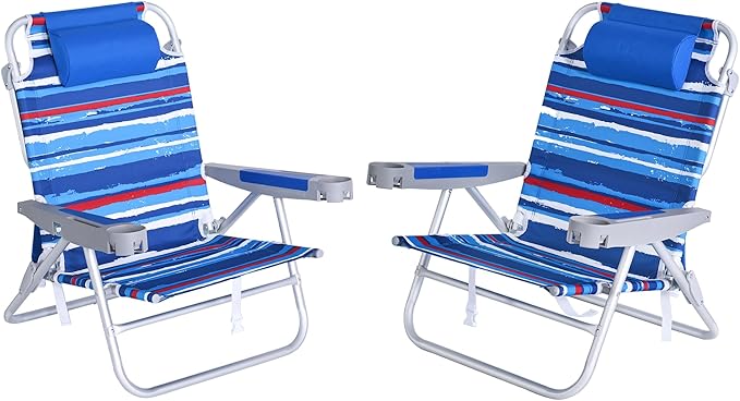 SUNNYFEEL Extra Wide Low Beach Chair 2 Pack 5 Position Lay Flat 500 LBS Heavy Duty XL Oversized Folding Camping Chairs with Cup Holder for Outdoor/Sand Portable Backpack Beach Chair for Adults