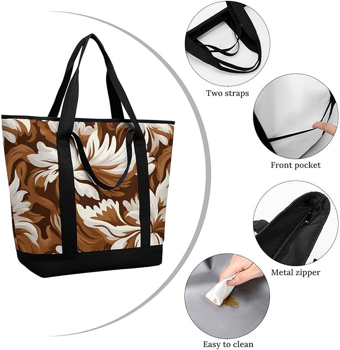 Insulated Shopping BagLarge Reusable Cooler Bags Brown And White Pattern Printed Foldable Shopping BagTravel Waterproof Shoulder Bag