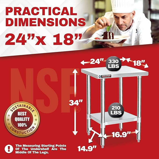 DuraSteel 24x18 Small Stainless Steel Table - NSF Metal Food Prep Commercial Kitchen Workt able - Side Mixer Stand with Under Shelf - For Laundry Room Kitchen Outdoor Grill Small Spaces