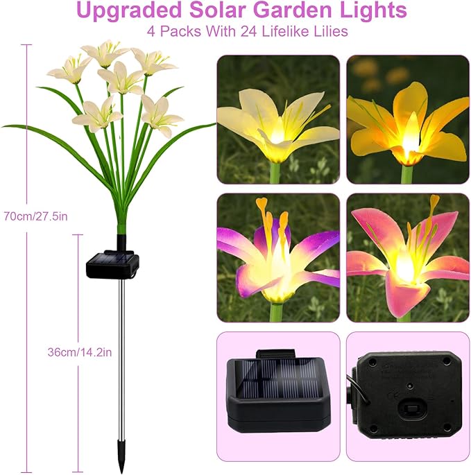 Solar Garden Lights New Upgraded Solar Wild Lily Flower Lights Yard Patio Pathway Deco High Flexibility Copper Wire &amp Handmade Silk Artificial Flowers Never Wither Gift for Family Friends