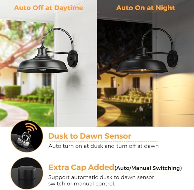16 inch Dusk to Dawn Outdoor Gooseneck Barn Light Large Rustic Porch Wall Light Fixture Black Industrial Outside Wall Sconces Waterproof Exterior Backyard Lights for Garage Yard Hardwired