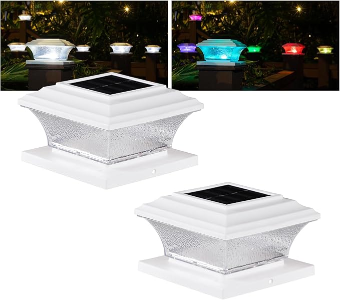HUYIENO Solar Post Cap Lights Outdoor LED Lighting Deck Fence Cap Light 9 Light Modes Bright White/7 Color Fixed Modes/7 Color Cycling Mode Suitable for 4x4 5x5 Wooden Posts 4x4 5x5 Vinyl Posts