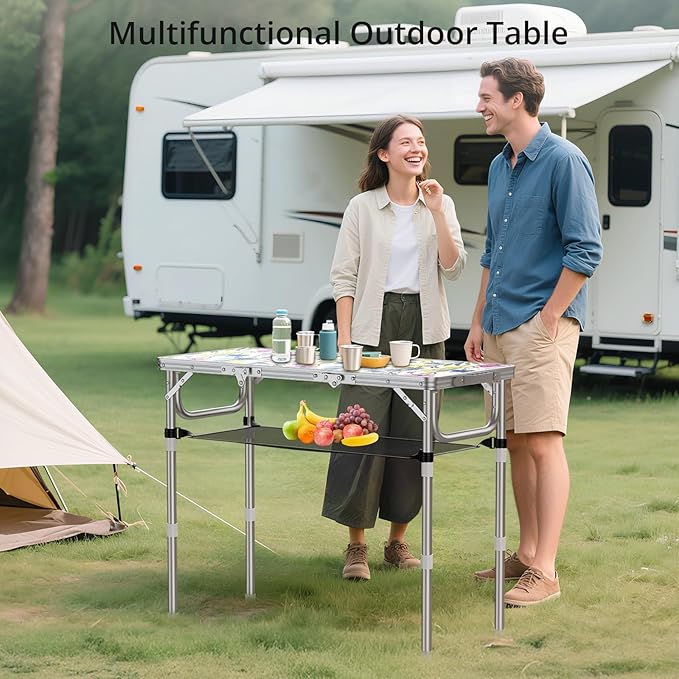 Anbte 3ft Folding Camping Table with Storage Net &amp Bag 3 Adjustable Height Max 27.5 Outdoor Folding Table Lightweight Portable Handle for Outdoor Indoor Camping Beach RV Picnic Blooming Floral