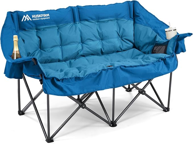 Double Camping Chairs Padded Loveseat Chair for 2 Person - Heavy Duty Oversized Camping Couch for Adults Outdoor Lawn Beach - Portable Folding Sofa with Cup Holders and Carry Bag Bright Blue