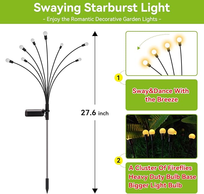 Solar Garden Lights Outdoor Waterproof 6 Pack 48 LED Swaying Light Firefly Light Outdoor Decor Lights for Garden Gifts for Pathway Party Christmas Decoration Warm White