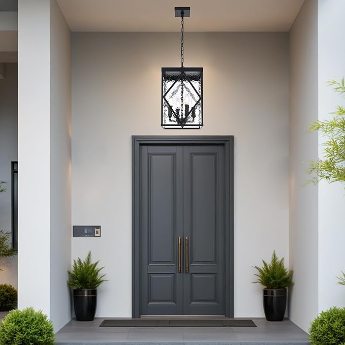 Outdoor Pendant Light with Water Ripple Glass 4-Light Exterior Hanging Porch Light Large Lantern Pendant Light Waterproof Black Outside Chandelier for House Front Door Patio Entrance