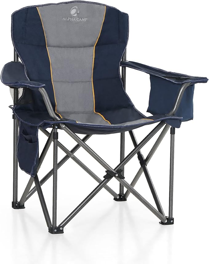 ALPHA CAMP Folding Camping Chair Oversized Heavy Duty Padded Outdoor Chair with Cup Holder Storage and Cooler Bag 450 LBS Weight Capacity Thicken 600D Oxford Blue