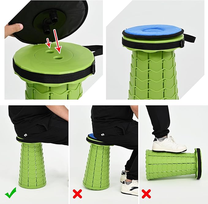 2 Pack Upgraded Collapsible Stool with Cushion Thickened Retractable Folding Stool Max Load Capacity 400lbs Portable Telescoping Stools for Camping Fishing Outdoor Hiking BBQ -Green