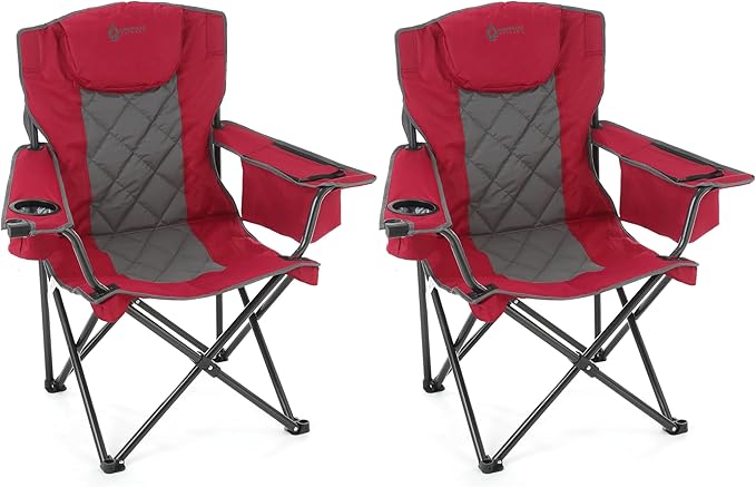ARROWHEAD OUTDOOR 2-Pack Portable Folding Camping Quad Chair w/ 6-Can Cooler Cup &amp Wine Glass Holders Heavy-Duty Carrying Bag Padded Armrests Headrest &amp Seat Supports up to 550lbs