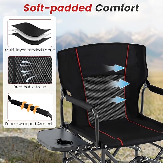COSTWAY Folding Camping Chair with Side Table Portable Directors Chair with Cup Holder &amp Carry Bag Outdoor Heavy Duty Padded Lawn Chair for Fishing Picnic Sports Beach Support 500 LBS (Black