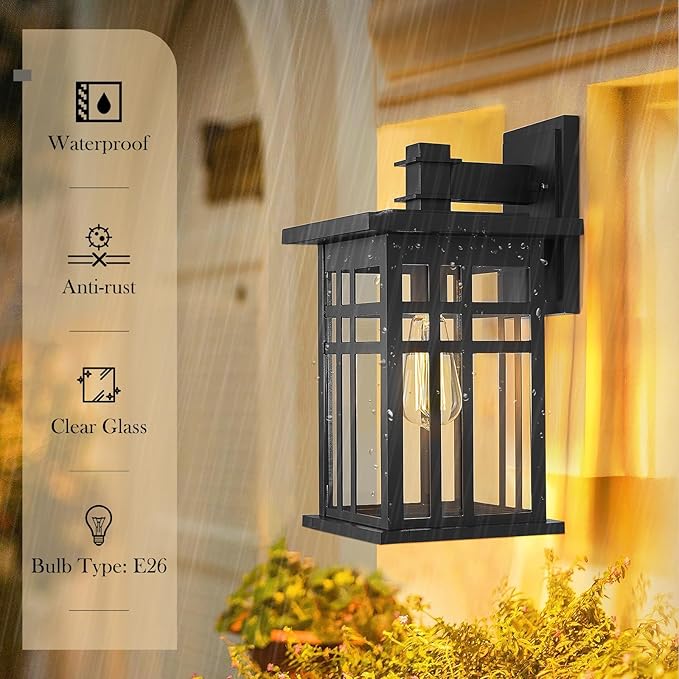 zeyu Farmhouse Outdoor Wall Light Fixture 16 Inch Exterior Wall Sconce Lighting for Patio House Die-Cast Aluminum with Clear Glass Black Finish 20068B-L BK