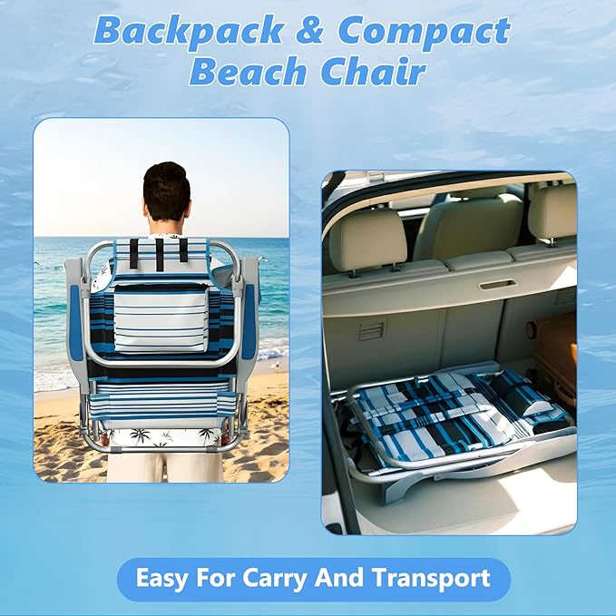 2 Pack Backpack Beach Chairs for Adults Folding Lightweight Beach Chair with Cup Holder and Padded Headrest 5 Positions Aluminum Reclining Heavy Duty Chair for Outdoor Camping PatioSupport 300LBS