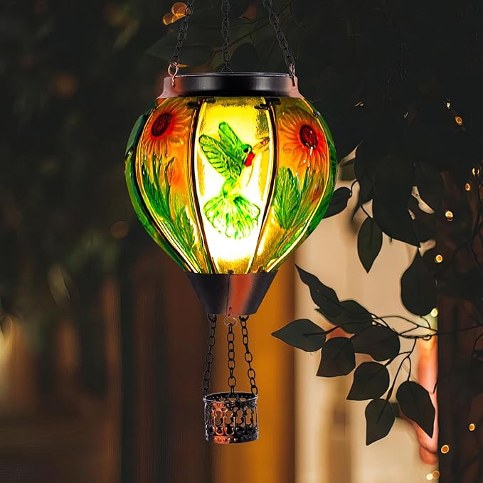 Hummingbird and Sunflower Solar Hot Air Balloon Lantern with Flame Glass Hot Air Balloon Solar Lantern Outdoor Waterproof Hanging Solar Lantern for Outside Garden Patio Tree Porch Yard