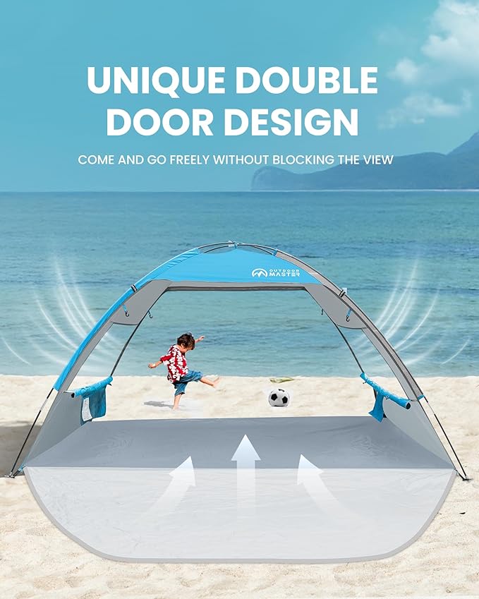 OutdoorMaster Beach Tent Sun Shelter with 2 Ventilated Doors UPF50+ Easy Setup Beach Tent Canopy for 3 Person Lightweight &amp Portable Family Beach Umbrellas for Sand with Carrying Bag - Blue