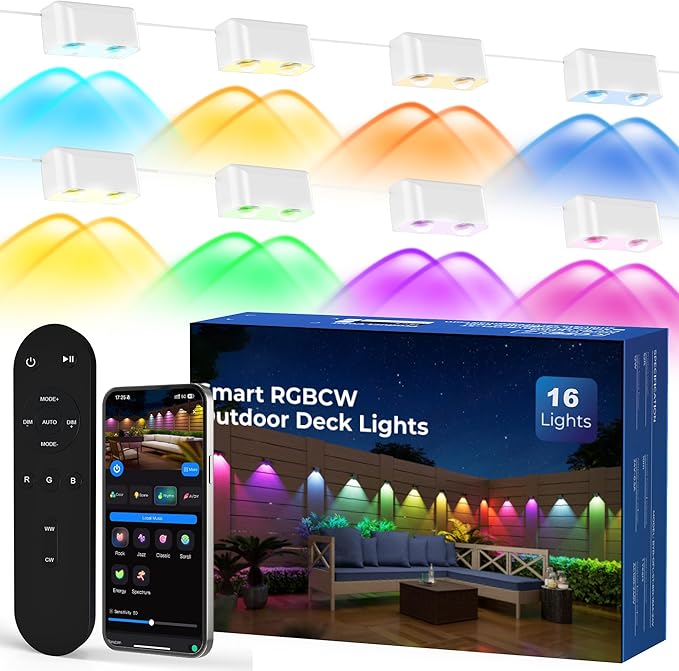 Outdoor Deck Lights 16 Lights Smart Fence Lights Compatible with Alexa &amp Google Home IP65 LED Patio Deck Lighting with Remote Fence Lighting Music Sync for Patio Yard Garden(104.8ft)