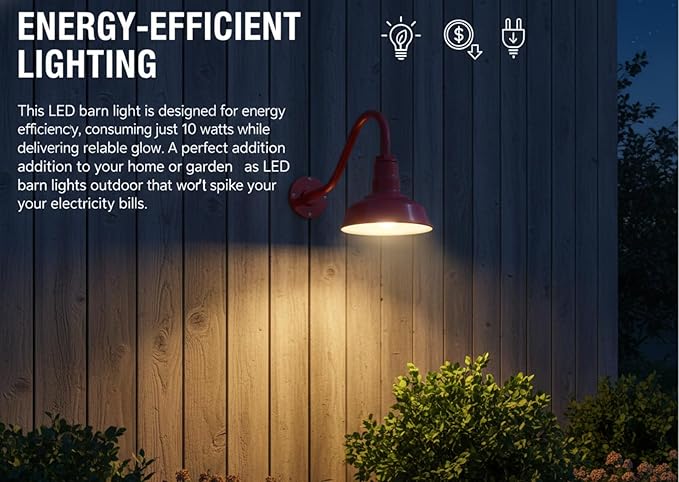 AGB101-10-AS8 RED - Standard Barn Light with Gooseneck Arm | Outdoor LED Lights Classic Floodlight Design for Barn Lights Outdoor Durable Metal Construction Energy-Efficient