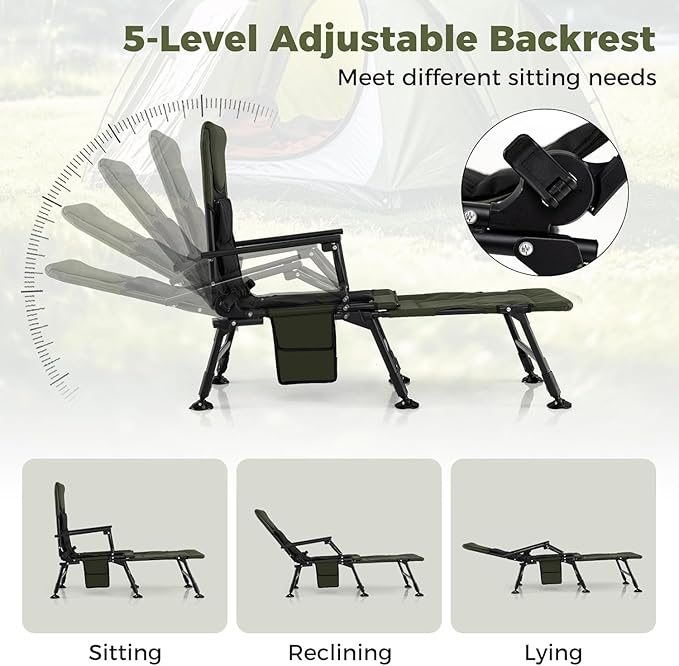 GYMAX Foldable Fishing Chair Heavy Duty Oversized All-Terrain Camping Chair Detachable Footrest 180° Adjustable Padded High-Back Portable Recliner for Outdoor (Detachable Footrest)
