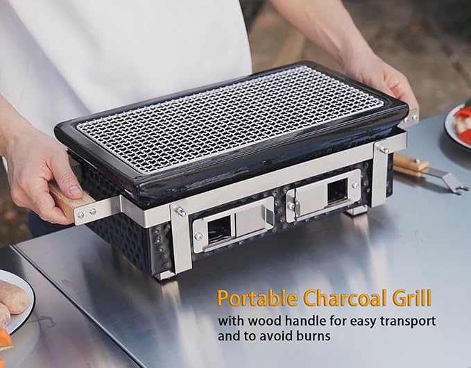 Charcoal BBQ Hibachi Grill with Grid Lifter Portable Yakitori Grill with Stainless Steel Grate Barbecue Stove for Outdoor Camping Picnic Patio Backyard Cooking GS306