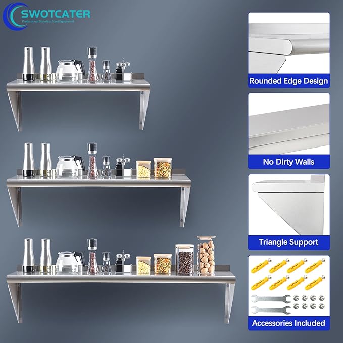 2 Pack Stainless Steel Shelf 14x48 360LB Commercial Stainless Steel Shelves Wall Mounted Heavy Duty Metal Floating Shelving for Home Kitchen Restaurant Garage