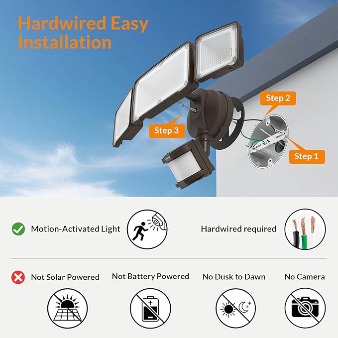 LEPOWER LED Security Light Motion Sensor Light Outdoor 38W 4200LM Motion Security Light 5500K IP65 Waterproof 3 Head Motion Detected Flood Light for Garage Yard Porch (Brown)