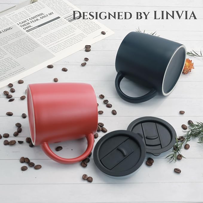 Classic Mug 14 oz Large Coffee Mug with Handle Ceramic Porcelain Tea Cup Smooth Matte (Sliding Lid Set of 2 Red and Navy Blue)