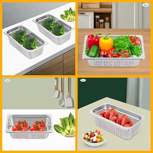 Hotel Pans 2-Pack 1/3 Size Stainless Steel Perforated Steam Table Pan 4 Deep Food Grade Anti-Jam Commercial Buffet Pan for Kitchen Drain &amp Steam Vegetables Dishwasher &amp Oven Safe