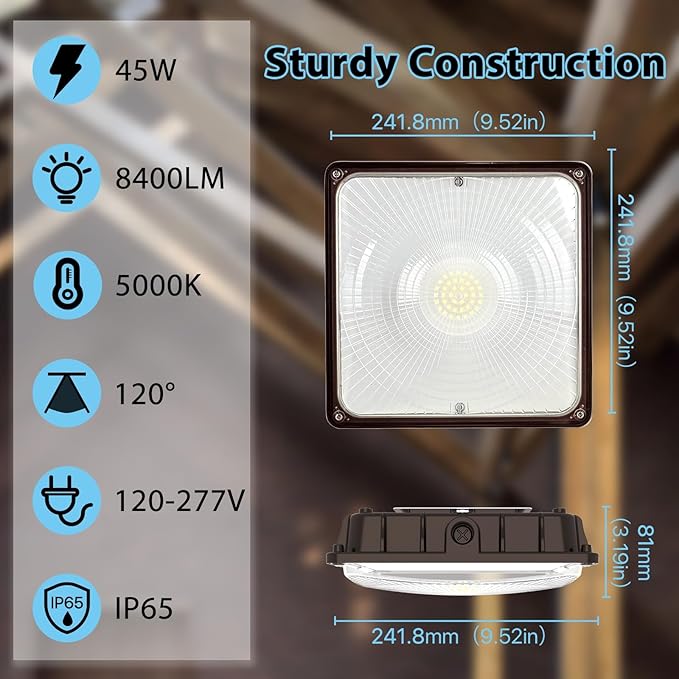 HYPERLITE LED Canopy Light 45W: 6300LM 5000K Daylight - 120-277V LED Canopy Lights Outdoor IP65 Waterproof for Workshop Carport Entrance - 4 Pack