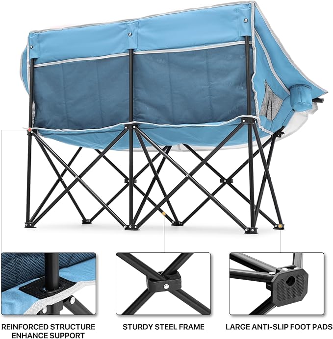 MoNiBloom Collapsible Double Camping Loveseat Chair Outdoor Beach Lawn Picnic Hiking Travel Portable Foldable Collapsible 2-Person Love Seat Camp Chair for Adults (Sky Blue and Light Gray)