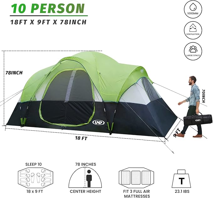 UNP Camping Tent 10-Person-Family Tents Parties Music Festival Tent Big Easy Up 5 Large Mesh Windows Double Layer 2 Room Waterproof Weather Resistant 18ft x 9ft x78in