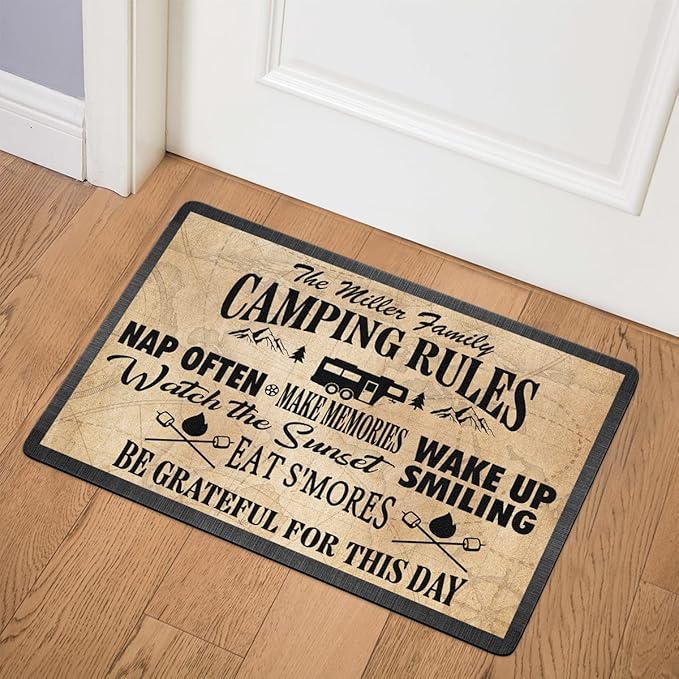 Personalized Camping Rules Welcome Doormat - Custom Family Name and RV Door Mat Accessories for Inside Outside Funny Campsite Decorations Travel Trailers Style 02 16 x 24 inches